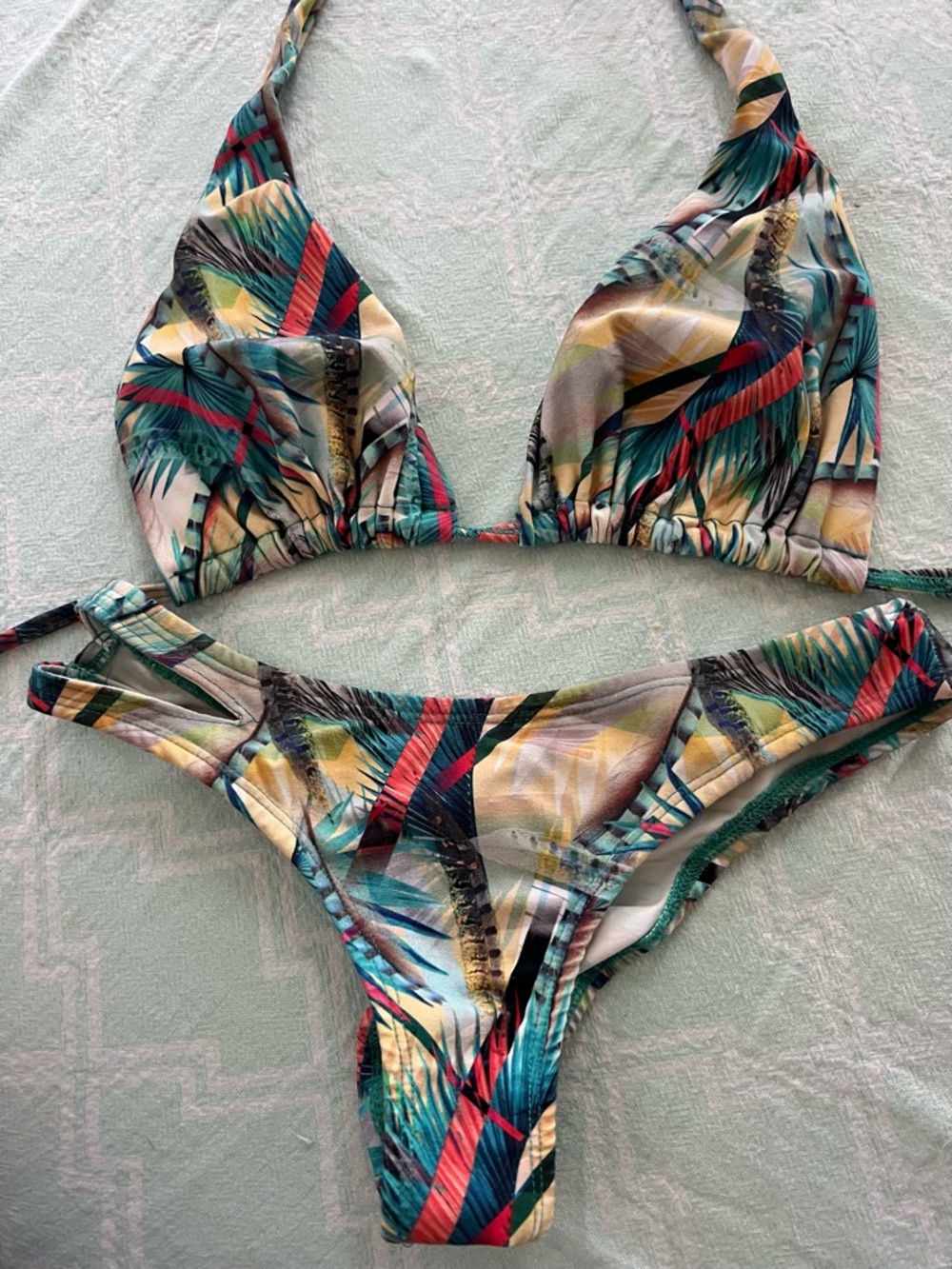 Tropical Print Bikini Set in Teal, Red & Yellow